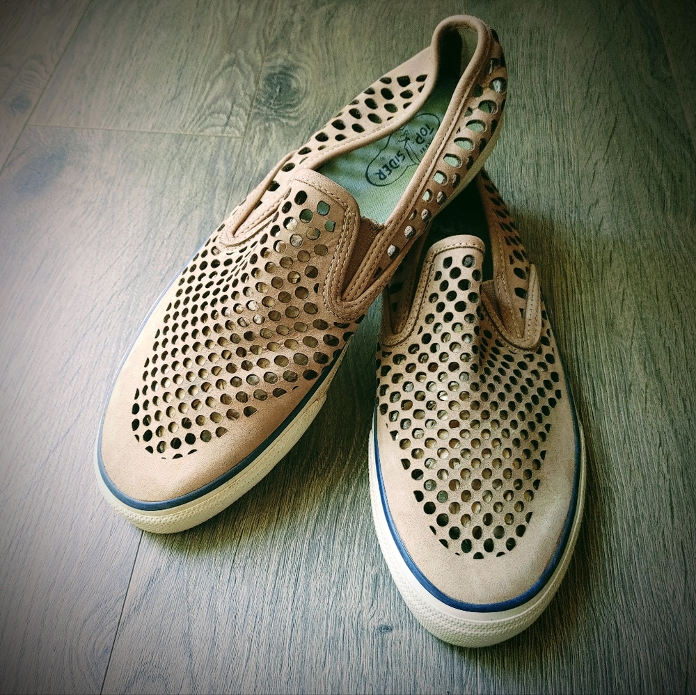 Sperry Top Sider Tan Leather Laser Perf Slip On Shoes Size 10